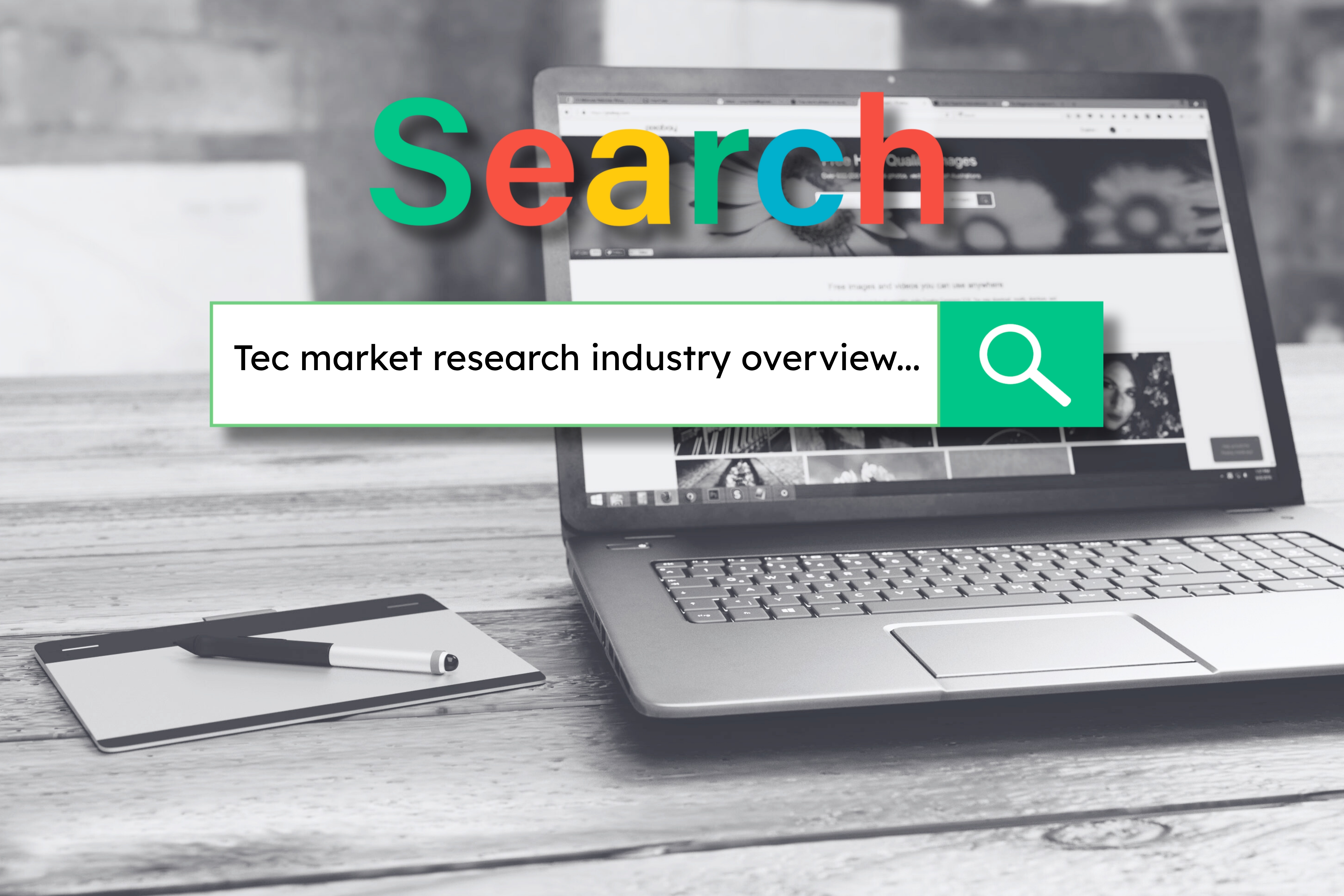 Search bar with text about market research and industry overview on laptop screen