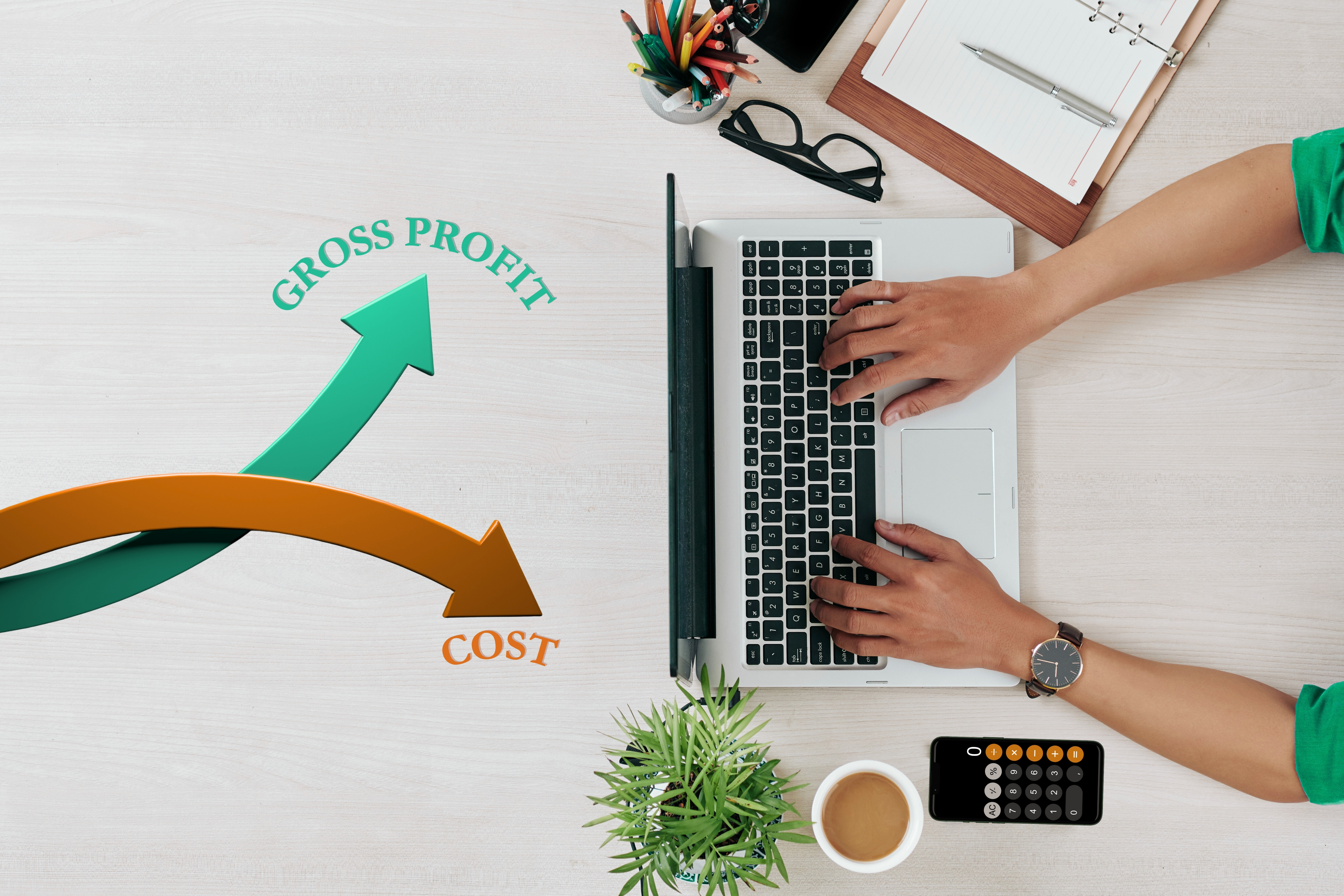 Graphic with green arrow for profit rising and orange arrow for cost decreasing