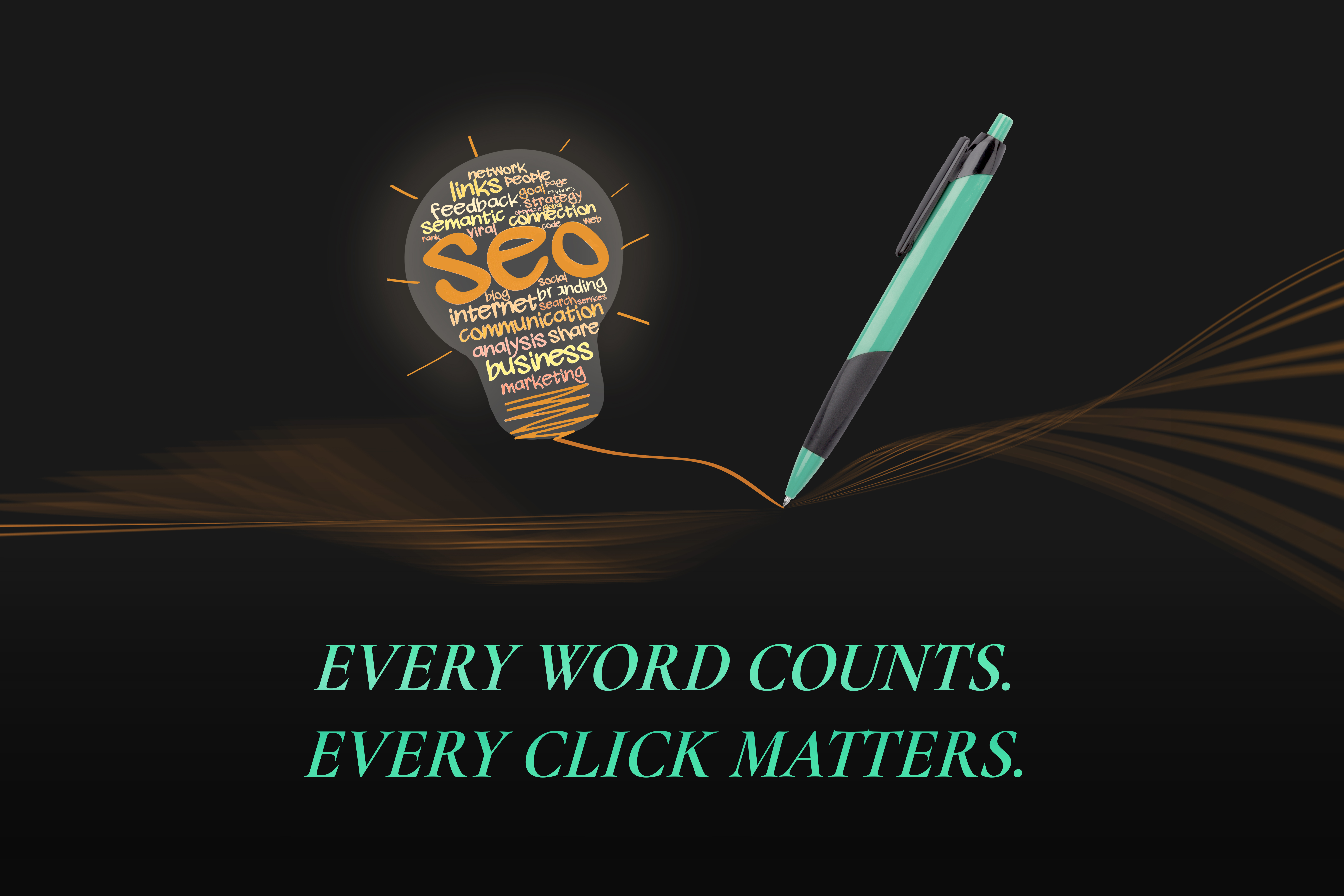 Creative SEO concept with word cloud light bulb and pen – every word counts, every click matters