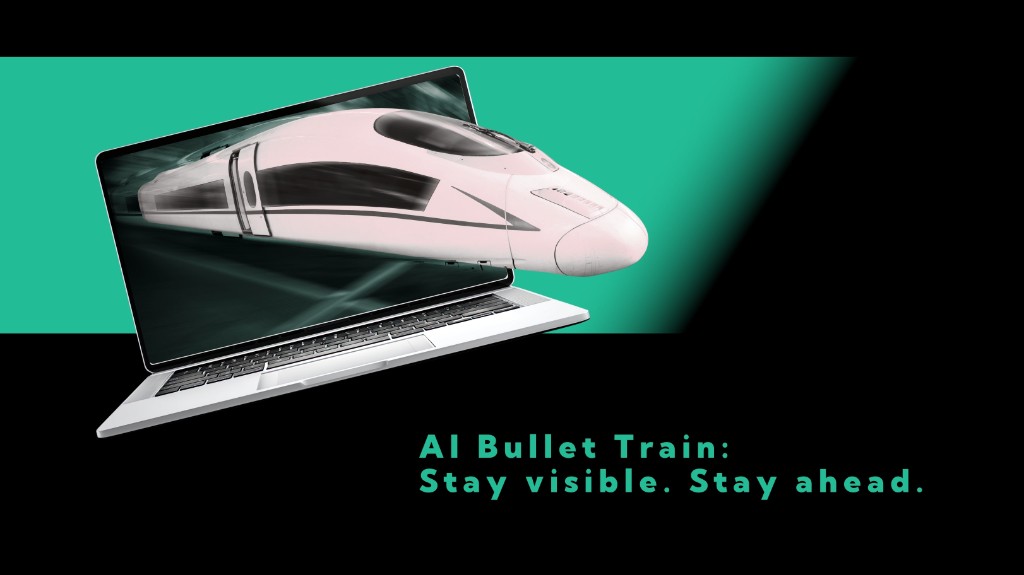 A white bullet train emerging from a laptop screen with on-image text AI Bullet Train: Stay visible. Stay ahead., symbolizing fast-moving AI and staying ahead with consistent brand activity.