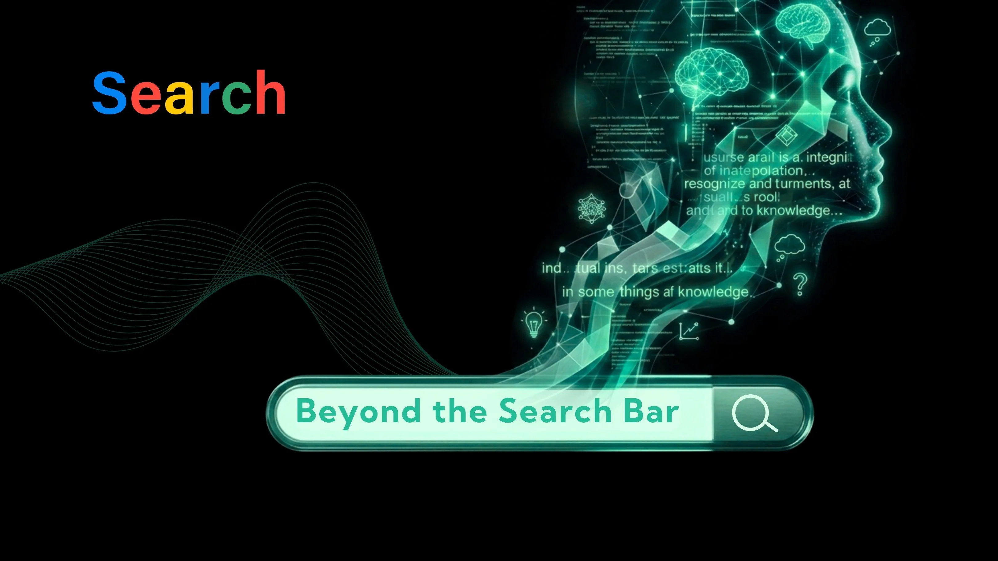 A glowing digital search bar morphing into an abstract neural network head silhouette with the word 'Search' and a button labeled 'Beyond the Search Bar'.