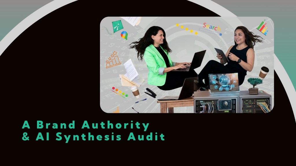 Banner graphic with on-image headline A Brand Authority & AI Synthesis Audit: two professionals with laptop and tablet amid charts, search and SEO icons, and server equipment, representing human-led brand and AI audit work.