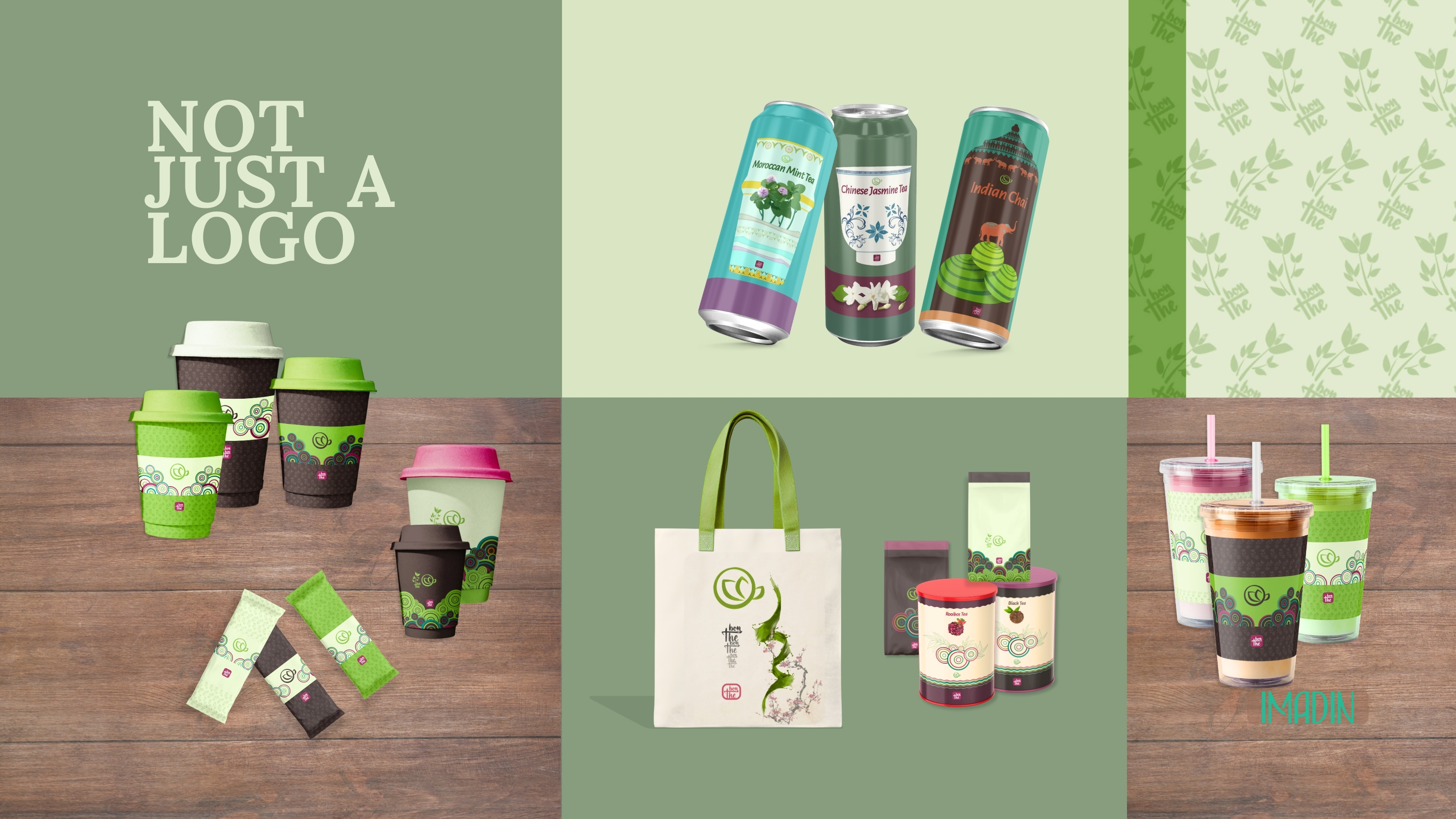 Branded packaging examples including cups, bags, and containers