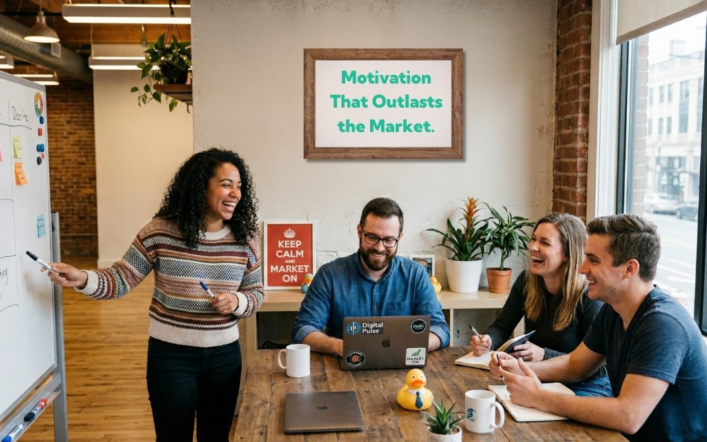 Emprendedores en una reunión de equipo discutiendo motivación y estrategia empresarial en tiempos económicos difíciles.