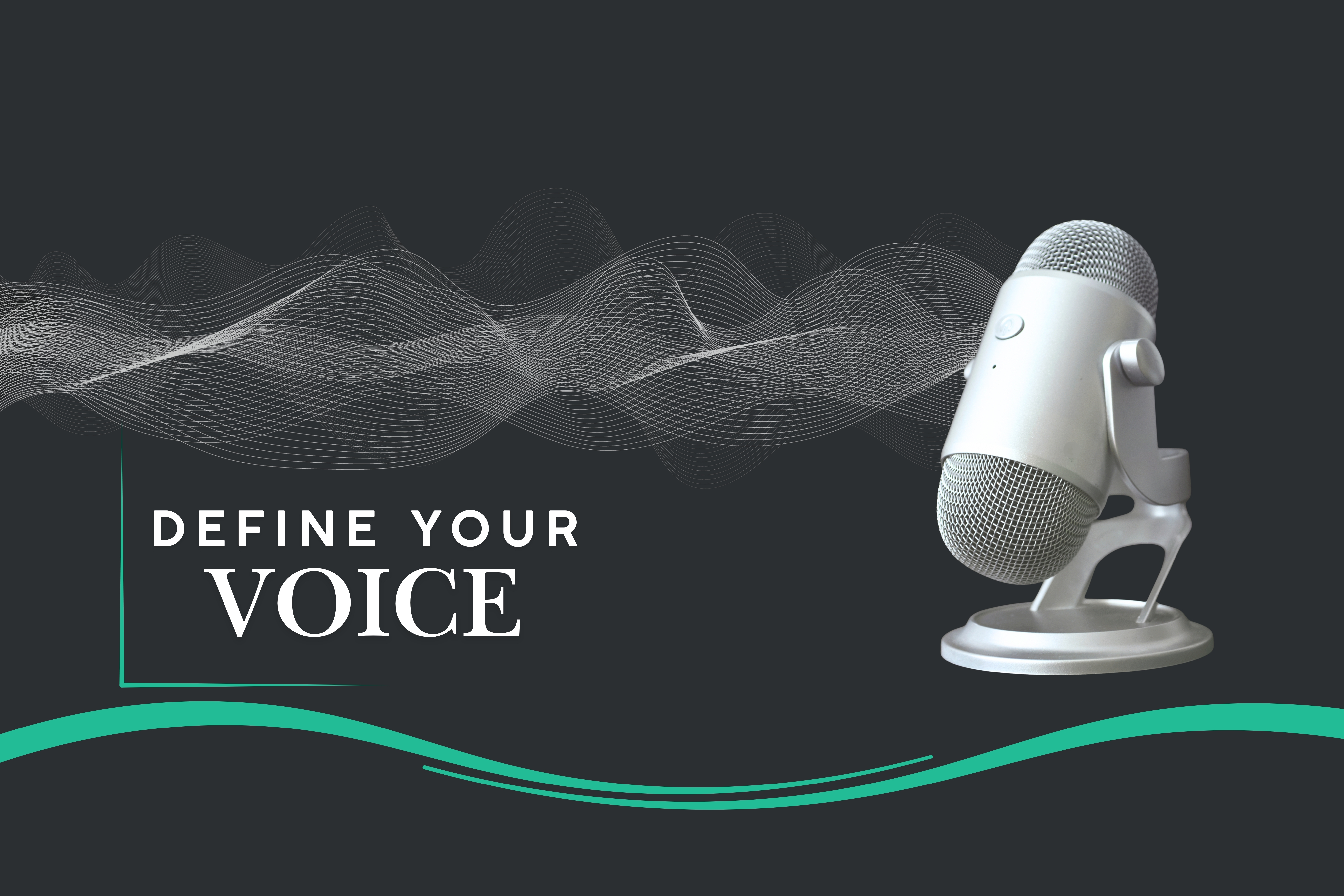 Microphone with bold text Define Your Voice on dark background