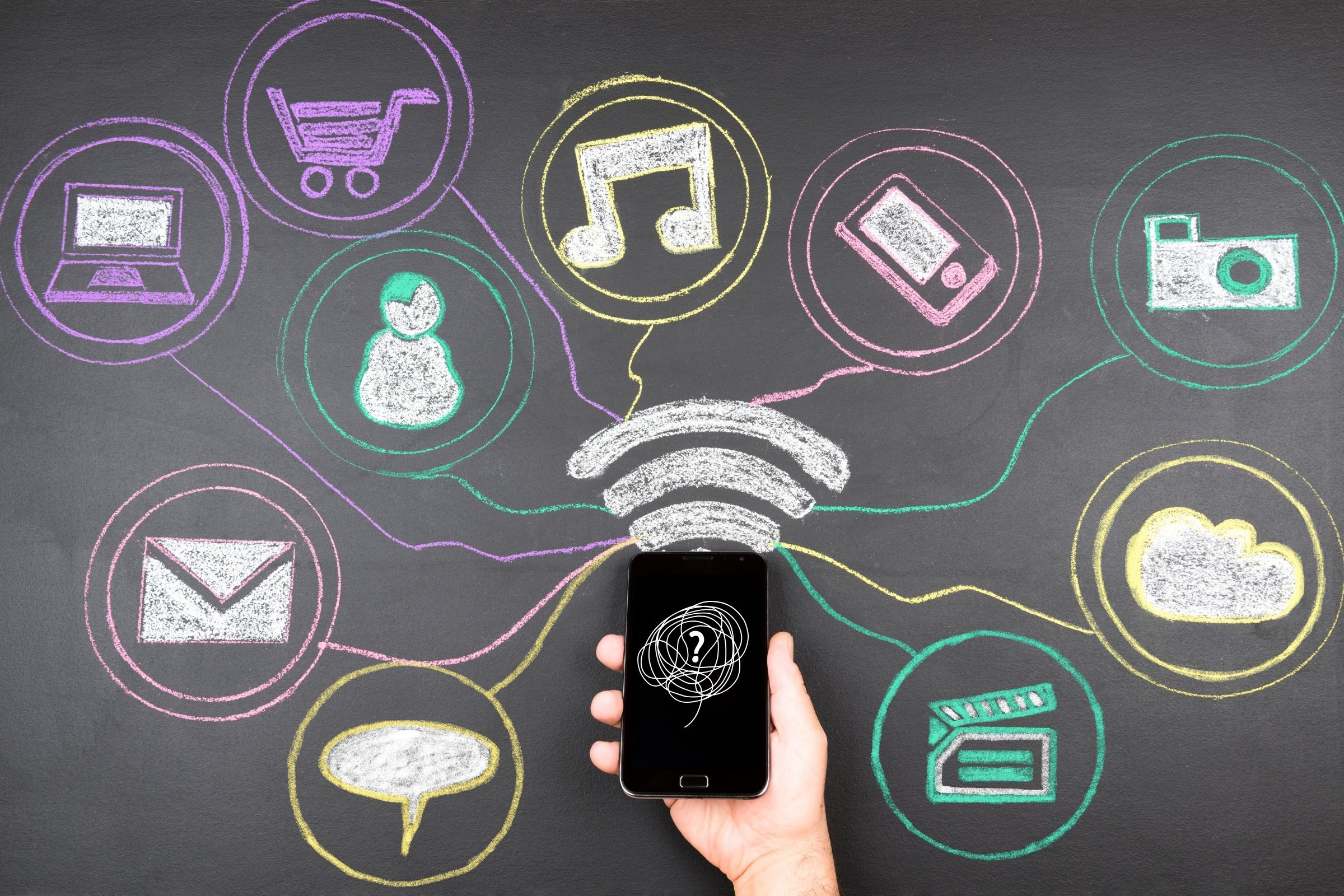 Smartphone with Wi-Fi and digital icons representing connected apps and online content sharing