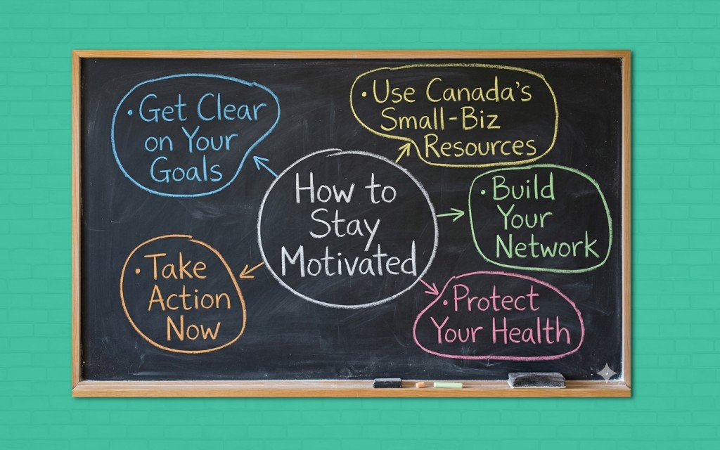Pizarrón con consejos de motivación para emprendedores canadienses, incluyendo metas, acción, recursos, networking y salud.