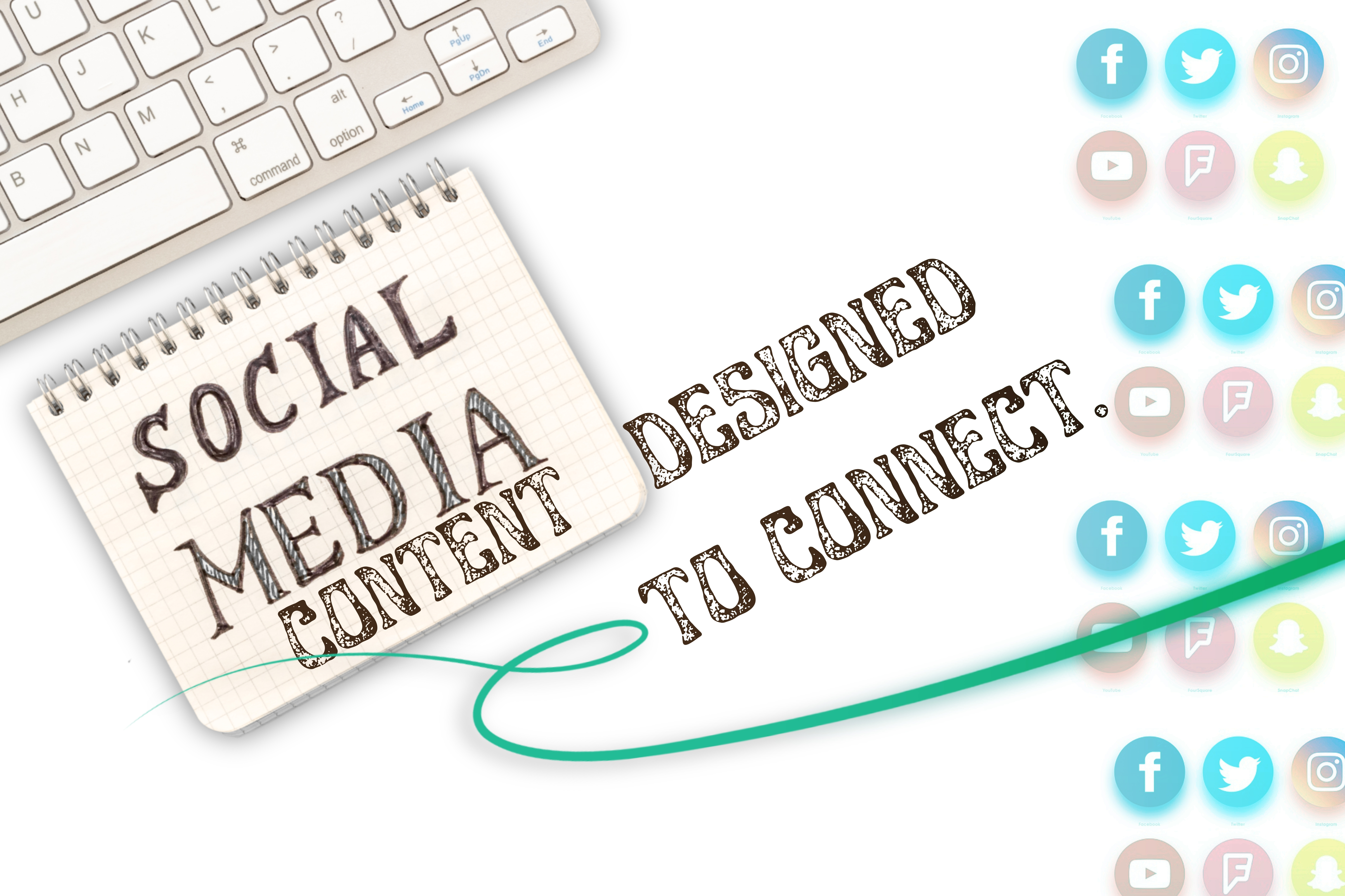 Social media content creation with keyboard, notepad, and social media icons