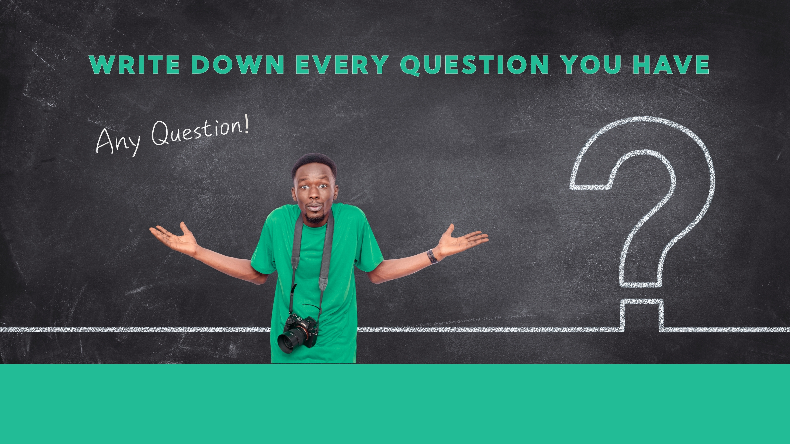 A person standing in front of a chalkboard encouraging entrepreneurs to write down every question as a stress-reduction strategy.