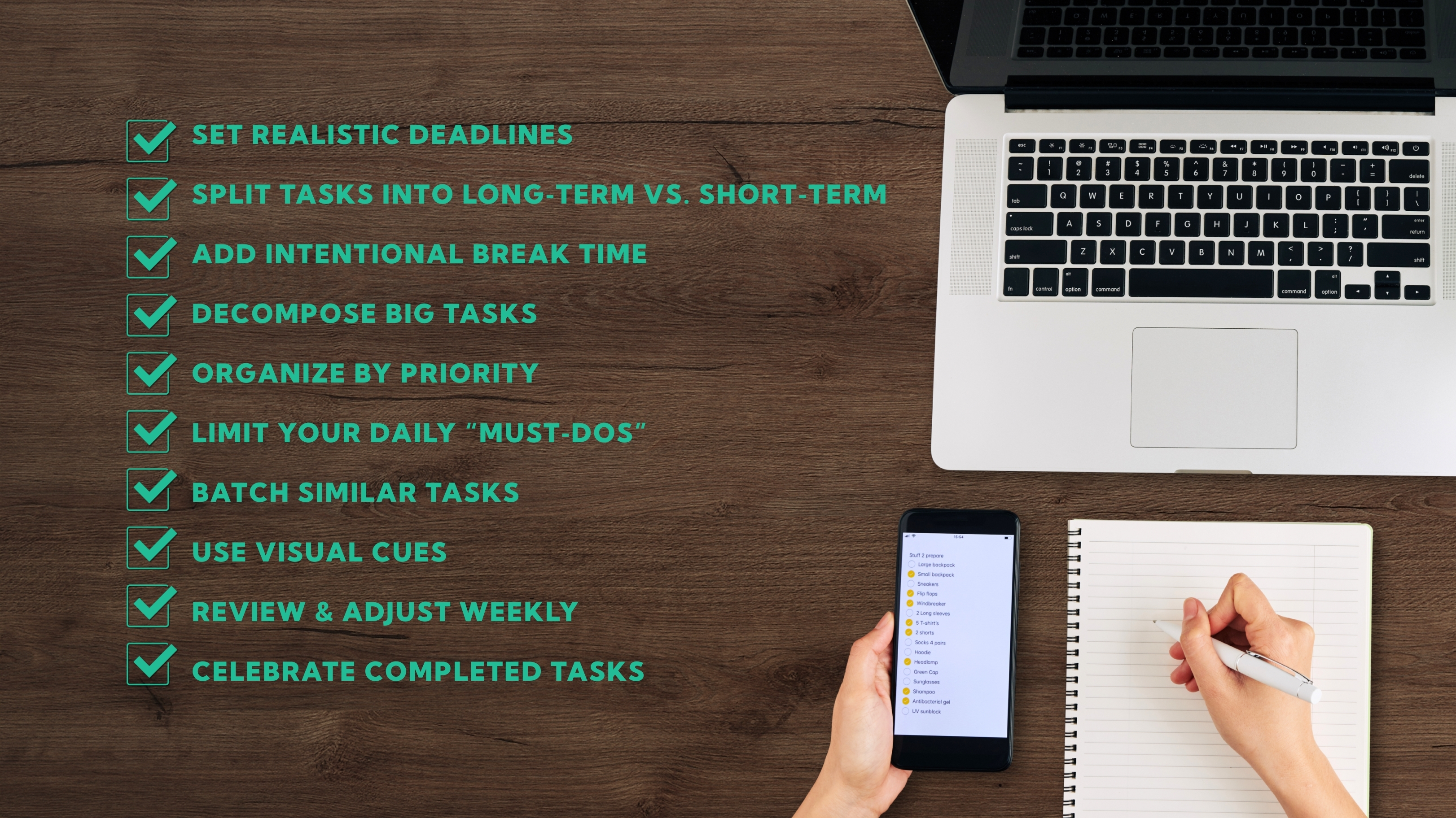 Checklist on a desk with a laptop and notebook, outlining stress-reducing habits like setting deadlines, breaking tasks down, and celebrating progress.