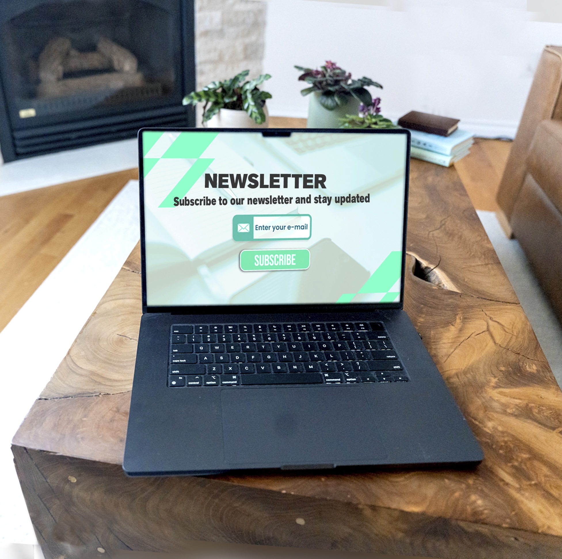 Laptop screen showing newsletter subscription form in a modern workspace