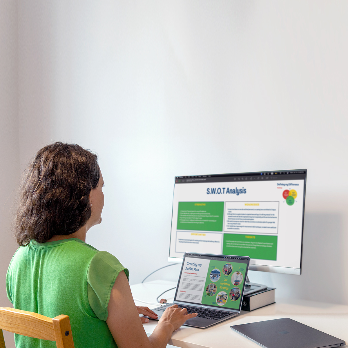 Business professional reviewing SWOT analysis on computer screen