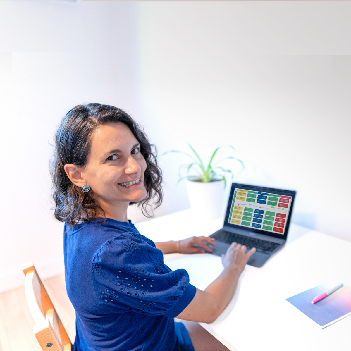 Professional workspace with a laptop displaying a customer journey map