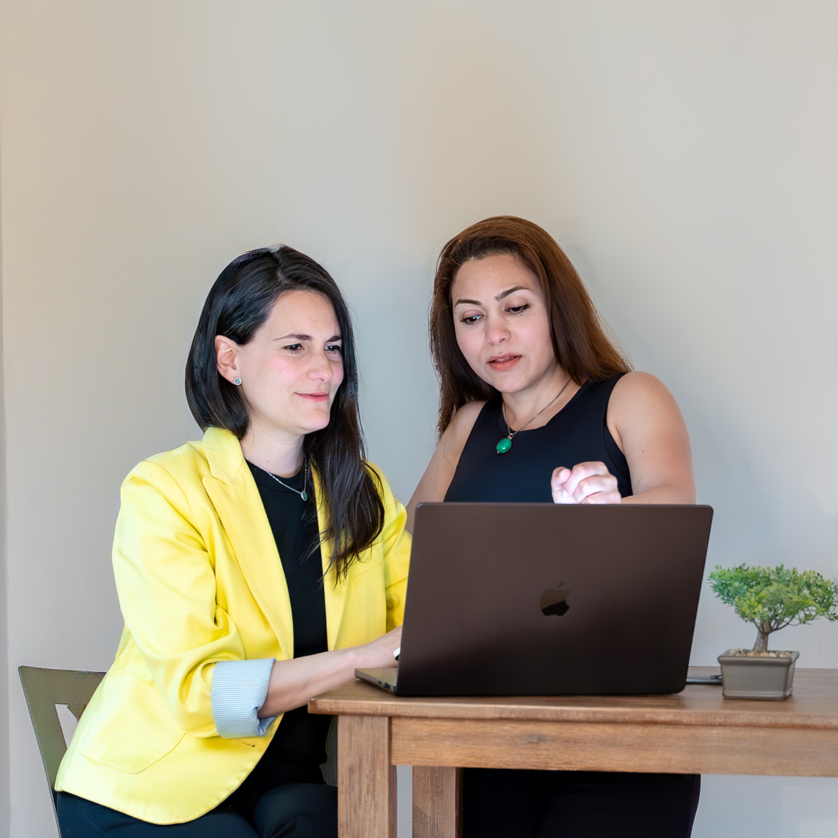 Two professionals collaborating on a laptop, reviewing digital marketing strategies